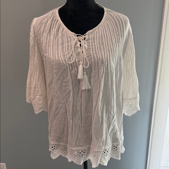 Banjara Tops - Banjara Made in India 100% Viscose Embroider Eyelit Detail Peasant Blouse Tassel